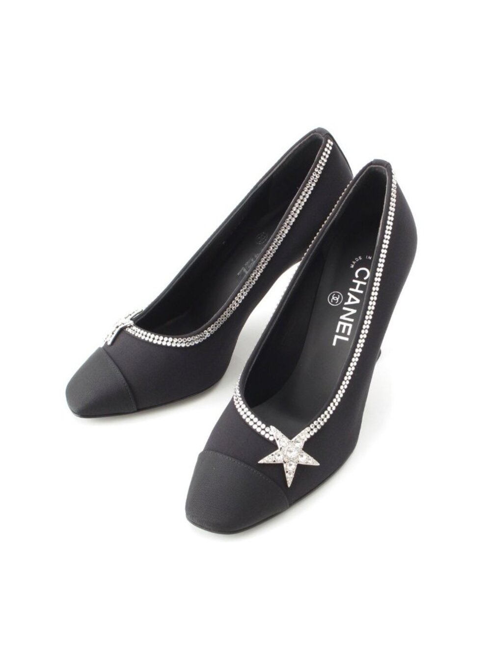 Chanel Fabric Crystal Star Strass Heels Pumps Black 38C